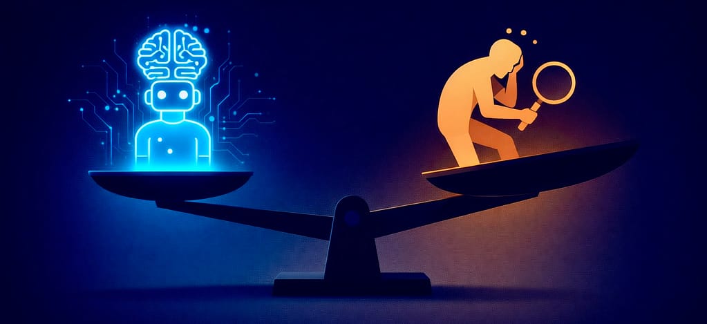 Balance scale showing AI output versus human verification workload imbalance