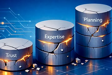 Three hidden costs of AI adoption represented as fragmenting pillars labeled trust, expertise, and planning